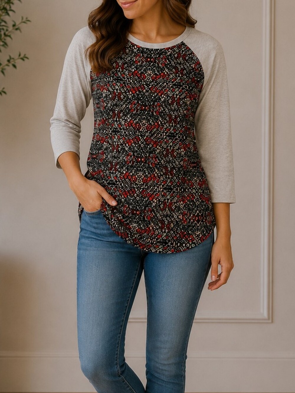 LULAROE Randy XXS Abstract Diamond Print Gray 3/4 Sleeve Raglan Tee Top